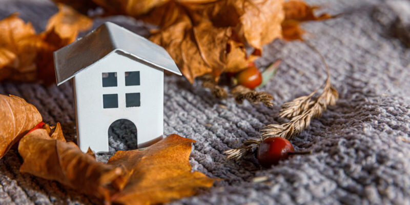 Autumnal,Background.,Toy,House,And,Dried,Orange,Fall,Maple,Leaves